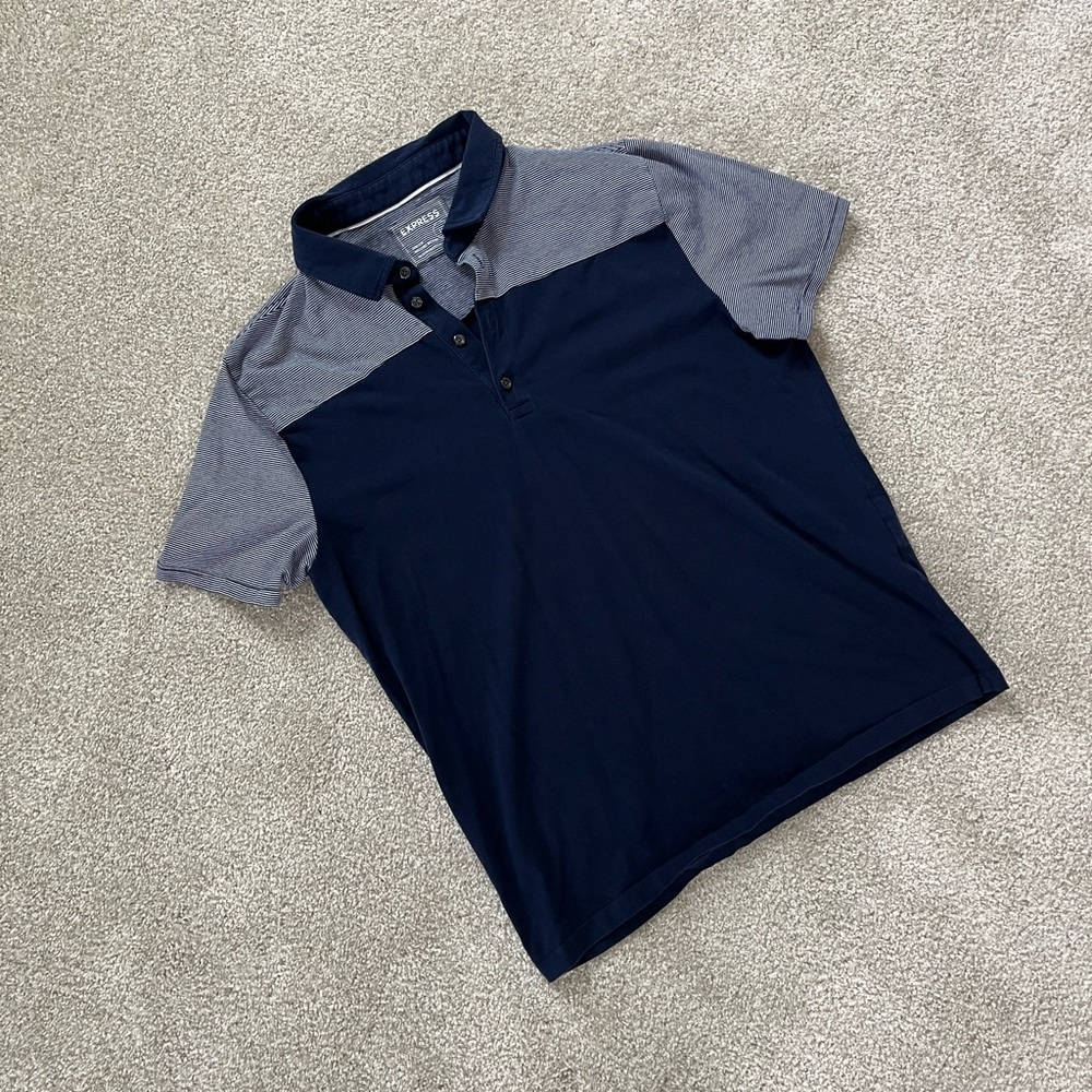 Express Mens Navy and Striped Polo Shirt Size Large